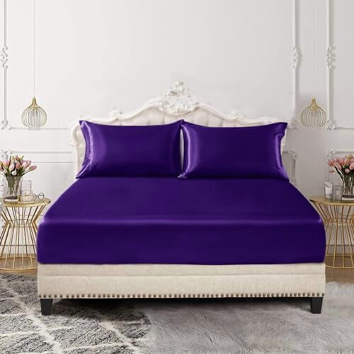 Σετ σεντόνια 3 τεμαχίων από σατέν king size με 2 μαξιλαροθήκες, μωβ, χωρίς ρυτίδες, 1