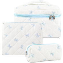 Set van 3 gewatteerde katoenen make-uptasjes met bloemenstrik – blauw, grote reis-cosmetica- en toilettasjes met ritssluiting, draagbare organizer
