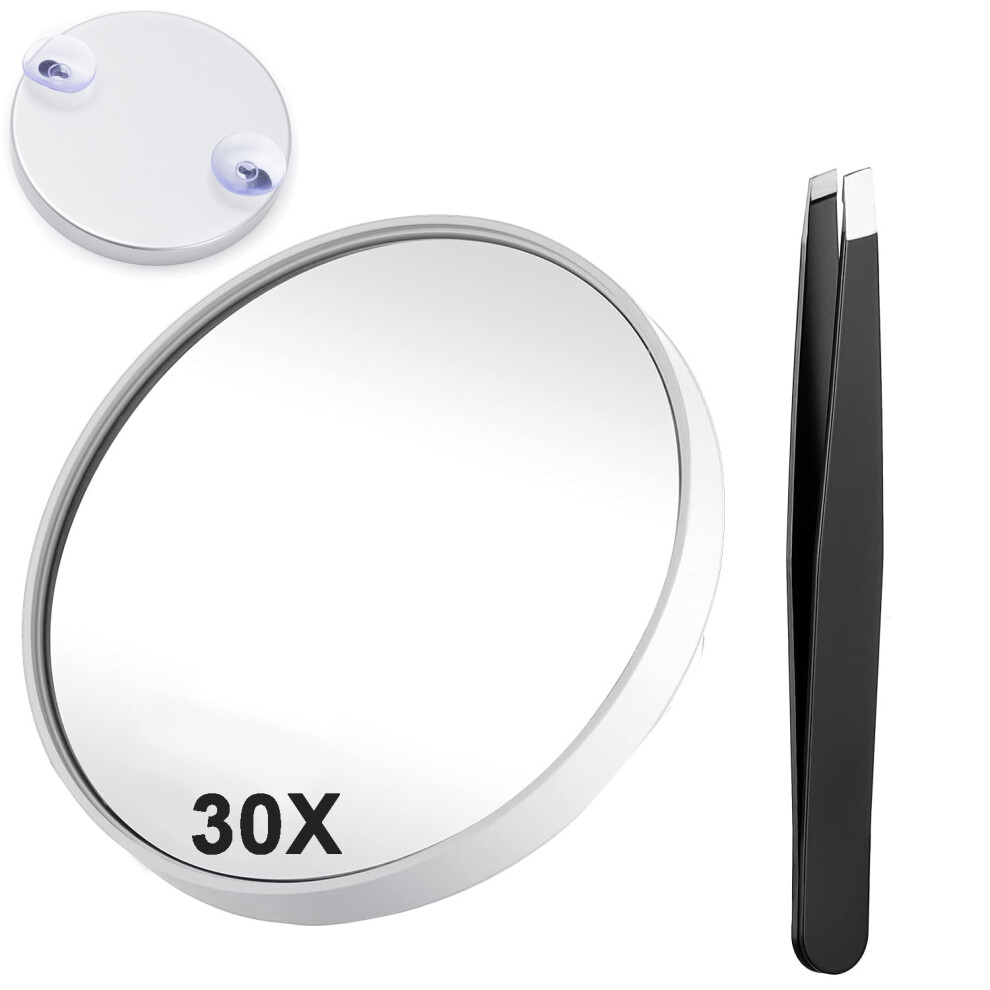 Silver 30X Magnifying Mirror With 2 Suction Cups, 3.5", Compact Mirror & Tweezers Kit For Shaving/Blackhead Removal,