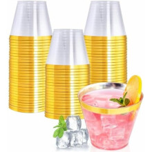 60 vasos de plástico transparente de 255 ml con borde dorado, resistentes y desechables, ideales para vino y cócteles en fiestas y bodas.