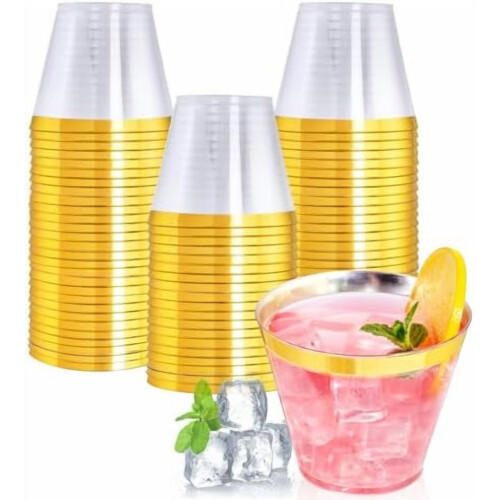 60 τεμάχια 9oz διάφανα πλαστικά ποτήρια με χρυσό περίγραμμα, βαριά ποτήρια κρασιού