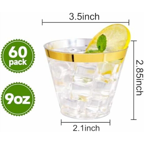 60 τεμάχια 9oz διάφανα πλαστικά ποτήρια με χρυσό περίγραμμα, βαριά ποτήρια κρασιού 1