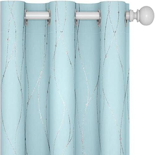 Light Blue Blackout Curtains with Silver Foil Wave Print,