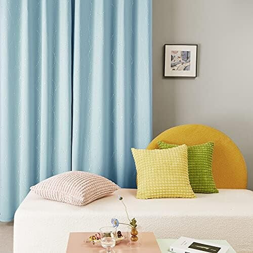 Light Blue Blackout Curtains with Silver Foil Wave Print, 2