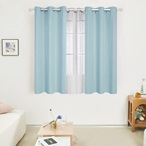 Light Blue Blackout Curtains with Silver Foil Wave Print, 1