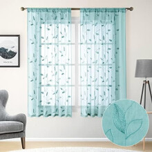 Turquoise Aqua Sheer Curtains 52x63", 2 Panels, Embroidered Leaf Pattern, Pocket Top, Faux Linen Voile Drapes for Bedroom & Living Room