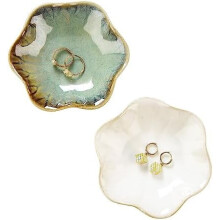 2er-Set Lotusblatt-Ringhalter, Keramik-Schmucktablett für Schmuck und Schlüssel – Weiß + Kristallgrün, kompatibel mit allen Schmuckstücken