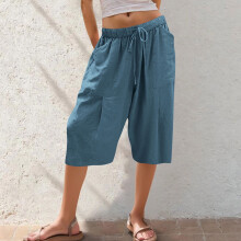 Naisten kiristysnyörilliset leveälahkeiset culottes-housut – mattapintaiset, taskuilla varustetut, nailonista ja spandexista valmistetut, lyhytt