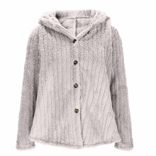 Giacca invernale da donna in morbido pile con cappuccio, chiusura con bottoni a pressione, tinta unita, fodera termica.