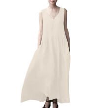 Damklänning i linne Ärmlös lös sommarklänning Casual maxiklänning med fickor