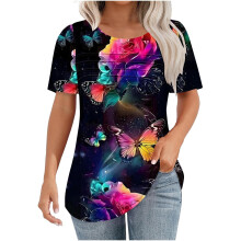 Damen Sommer-Tops 2025: Trendige Kurzarmblusen mit gerafftem Rundhalsausschnitt und Blumenmuster