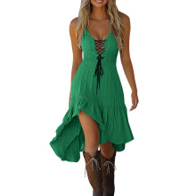 Abito midi senza maniche da donna in misto lino, orlo irregolare, inserto in pizzo, scollo rotondo boho, schiena arricciata – Abito estivo da