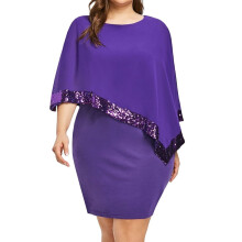 Vestido plus size feminino com ombros à mostra, sobreposição assimétrica, tomara que caia, em chiffon com lantejoulas, roxo.