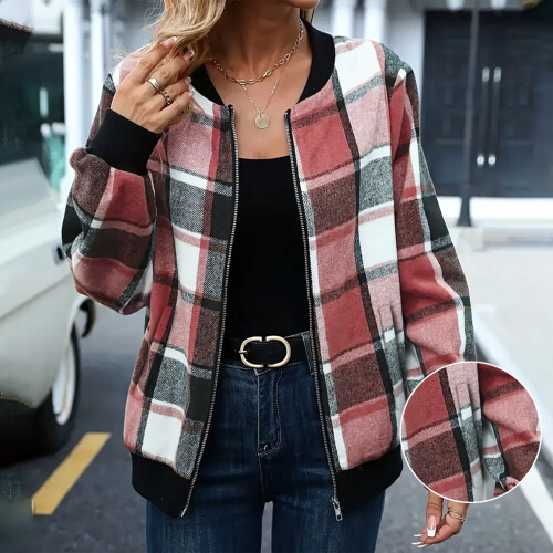 Damen Flanell-Karo-Shacket Langarm-Freizeitjacke Rot 1