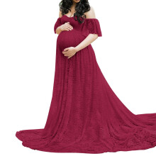Frühlings-Umstandskleider, Umstandskleid aus Spitze – Stretch-Spitze, schulterfrei, Babyparty-Fotografie, C-Rot XXL