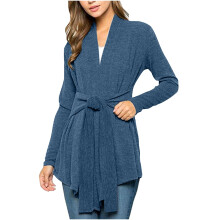 Cárdigan para mujer, cárdigans de otoño, moda cómoda 2025, top casual de manga larga con cordones, color liso, azul