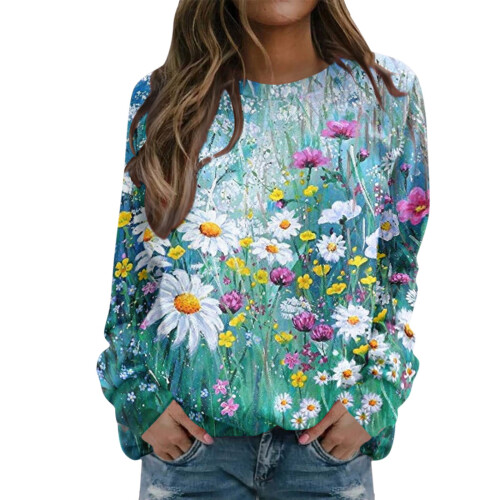 Felpa da donna a maniche lunghe con stampa glitterata e scollo rotondo