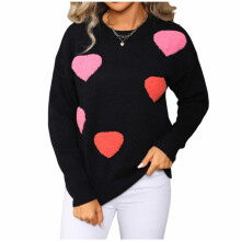 Damenpullover mit Herzmuster – Weiches Acryl, Rundhalsausschnitt, lange Ärmel, lockere Passform, kuscheliges Oberteil für Valentinstag und