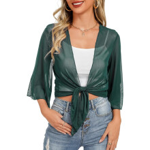 Damen-Bolero-Strickjacke mit transparentem Schulterjäckchen, Bindeband vorne, Glockenärmeln, kurzem Schnitt, für den Sommer
