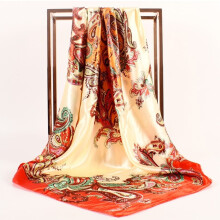 Lenço de seda feminino com estampa de flores de caju em cetim, ideal para primavera e verão.