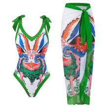 Costum de baie dintr-o singură piesă pentru femei, cu decolteu în V și bretele, cu fustă lungă înfășurată, set din două piese