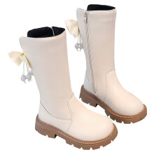 Bottes de princesse chaudes jusqu'aux genoux pour filles et garçons – Blanc uni, nœud papillon, cuir, semelle antidérapante, confortables au