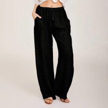 UTTOASFAY Woman Pants Women Casual Solid Pants Cotton Linen Drawstring Elastic Waist Long Wide Leg Pants Black M