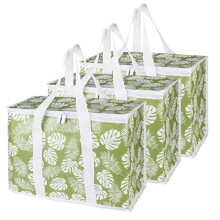 Set van 3 geïsoleerde, herbruikbare boodschappentassen, extra grote picknickkoeltas met veilige bovenkant, groen bladmotief