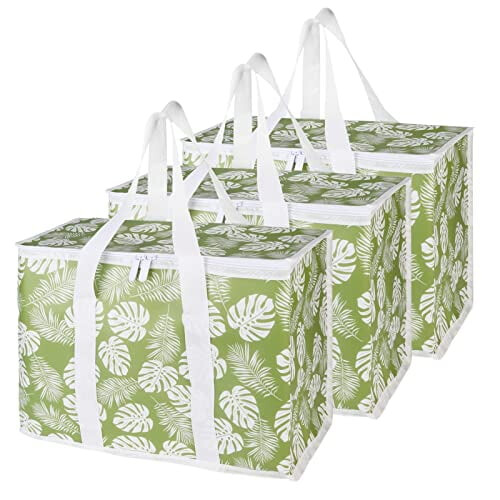 3er-Pack isolierte, wiederverwendbare Einkaufstaschen, extra große Picknick-Kühltasche mit sicherem Verschluss, Grün-Blatt