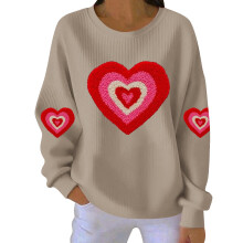 Damen-Sweatshirt mit Herzmotiv zum Valentinstag, gerippt, Rundhalsausschnitt, lang