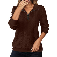 Dames sweatshirt met ronde hals, effen bruin, halfritssluiting en lange mouwen, perfect voor een casual herfst-/winterlook.