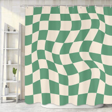 Boho saliegroene douchegordijn, retro golvend design, 91x183 cm, esthetische badkamervoering met haken, geschikt voor standaard douchegordijnstangen.