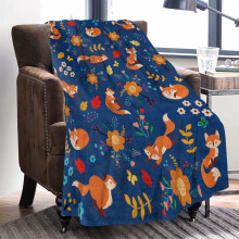 Plaid en flanelle à motif renard et fleurs sauvages (152 x 203 cm), doux et moelleux, bleu, idéal pour les filles, les enfants et les bébés –