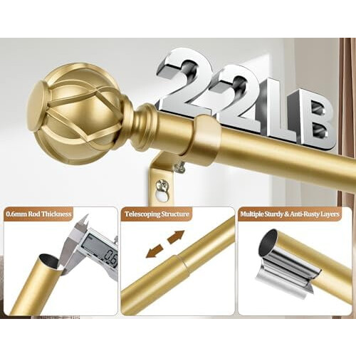 Bare de perdea reglabile, pachet de 2, 28-48", rezistente, 32-43", auriu antic cu terminații tip plasă 2