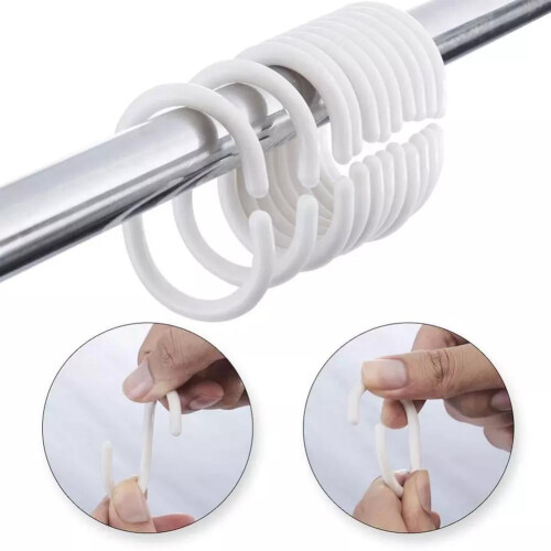 12 X SHOWER CURTAIN PLASTIC HOOKS Set Rings C Shape White Clear Black Bath 1