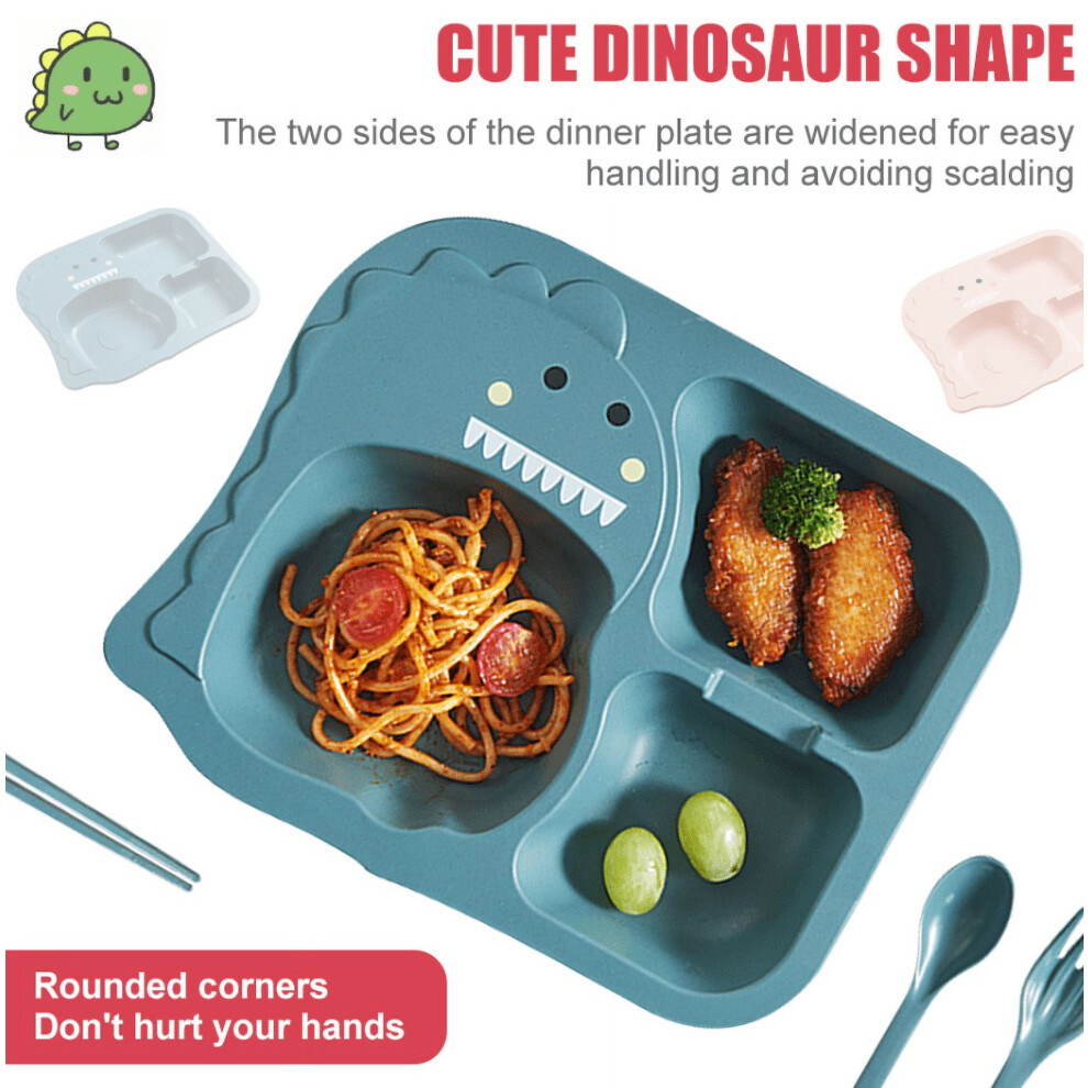 MesaSe Kids Plates Set, 4-Pc Dinosaur Divided Meal Plates with Forks & Spoons, Lightweight Wheat Straw, Dishwasher Safe, Compatible with Baby Feeding
