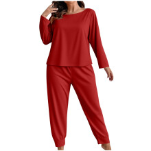 Pyjamaset voor dames in grote maten, 2-delige loungewear set met lange mouwen, zachte en comfortabele nachtkleding, effen kleur, relaxte pasvorm,