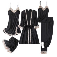 Nieuwe 5-delige nachtkleding set voor dames met gouden kanten afwerking - Satijnen zijden topje + jurk + shorts + broek + badjas met riem. Zachte