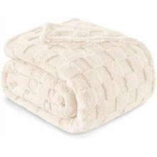 Twin Size Flannel Fleece Blanket, Super Soft and Warm Lightweight Checkered Pattern Blankets for All Seasons, 60x80 Inches, Ivory