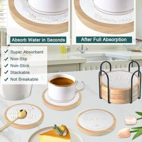 Conjunto de 5 porta-copos de madeira, absorventes e antiderrapantes. 1