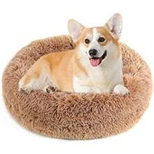 Calming Donut Dog Bed for Small to Medium Dogs & Cats - Plush Faux Fur Anti-Anxiety Pet Bed with Machine Washable Cover & Non-Slip Base