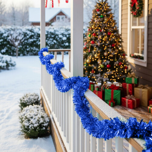 Blue Christmas Tinsel Garland, Metallic Reflective, 1 Pack 2