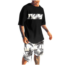 Ensembles de shorts pour hommes, tenues 2 pièces, chemises à col rond imprimées, coupe slim, taille élastique, manches courtes et col rond