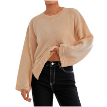 Pull à manches évasées pour femme, coupe ample, en maille douce acrylique, col rond, style décontracté, grandes tailles confortables (S-XL).
