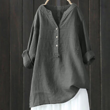 Damebluse med V-hals og lange ermer, løse knapper i bomull og lin, sommerbluse