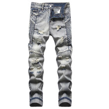 Jeansbroek voor heren, lange broek met knoop- en ritssluiting, casual, mediumblauwe skinny jeansbroek met zakken.