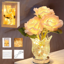 Lámpara de mesa LED recargable con forma de flor que cambia de color, lámpara de cristal rosa, luz ambiental romántica para el Día de San