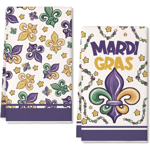 Σετ 2 πετσετών κουζίνας Mardi Gras, μωβ χάντρες Fleur de lis, πετσέτες πιάτων, εορταστικές