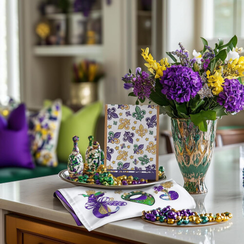 Σετ 2 πετσετών κουζίνας Mardi Gras, μωβ χάντρες Fleur de lis, πετσέτες πιάτων, εορταστικές 2