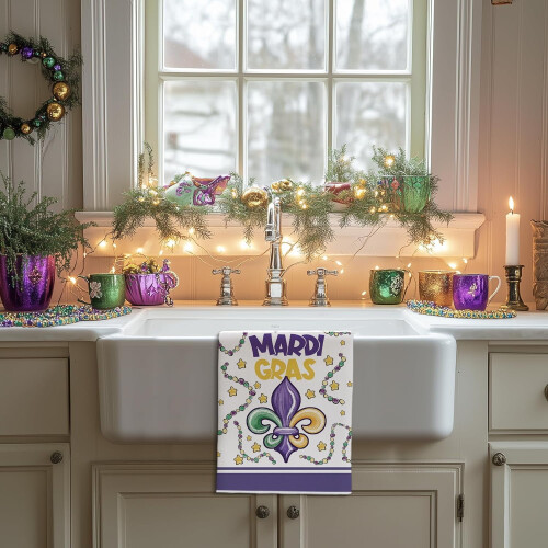 Σετ 2 πετσετών κουζίνας Mardi Gras, μωβ χάντρες Fleur de lis, πετσέτες πιάτων, εορταστικές 1